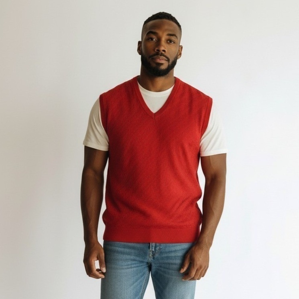 Roundtree & Yorke Mens Red 100% Cotton Textured Chevron V-Neck Sweater Vest 3XB